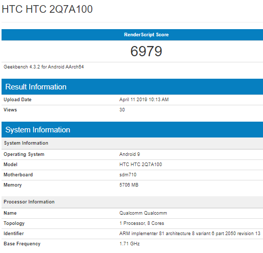 Новый смартфон HTC с процессором Snapdragon 710 на борту засветился в базе данных Geekbench