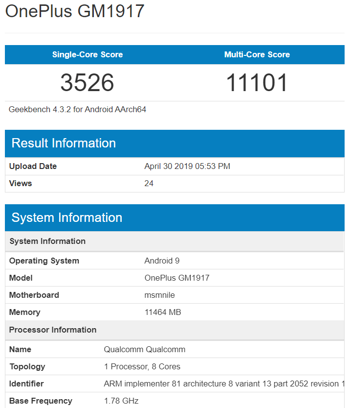 OnePlus 7 Pro. Смартфон с 12 ГБ оперативной памяти и процессором Snapdragon 855 засветился в Geekbench