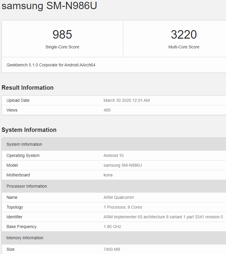 Samsung Galaxy Note 20+ 5G. Согласно утечке из GeekBench смартфон получит процессор Snapdragon 865+ и не менее 8 ГБ оперативной памяти