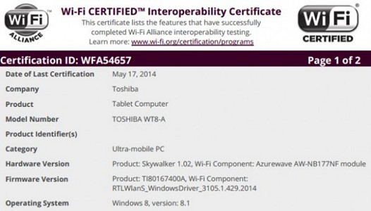 Планшет Toshiba WT8-A проходит WiFi сертификацию. Десятидюймовый Toshiba Encore на подходе?