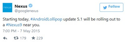 Обновление Android 5.1 Lollipop для Nexus 9 (OTA) выпущено