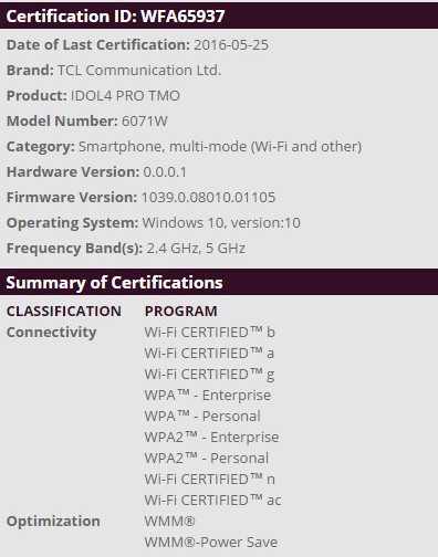 Alcatel Idol Pro 4. Новый Windows 10 Mobile смартфон флагманского уровня уже прошел сертификацию Wi-Fi