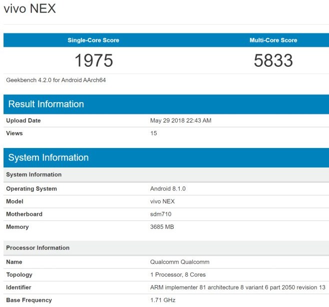 Vivo NEX с процессором Qualcomm Snapdragon 710 и 4 ГБ оперативной памяти замечен в Geekbench