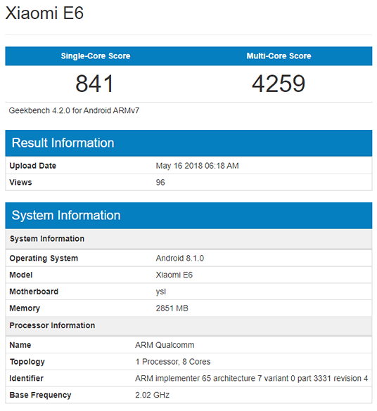 Xiaomi E6 засветил свои характеристики на сайте Geekbench