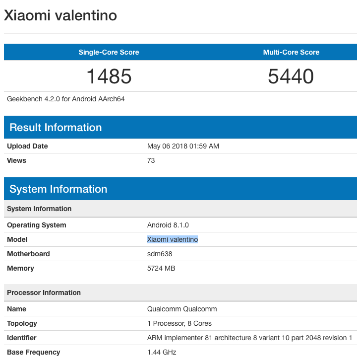 Xiaomi Valentino с новым процессором Snapdragon 638 засветился в Geekbench