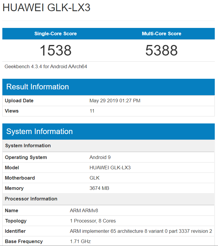 Huawei Nova 5i с процессором Kirin 710 и 4 ГБ оперативной памяти на борту замечен в Geekbench