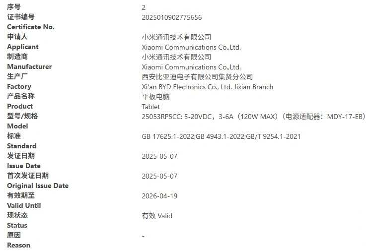 Новый планшет Xiaomi прошел сертификацию 3C