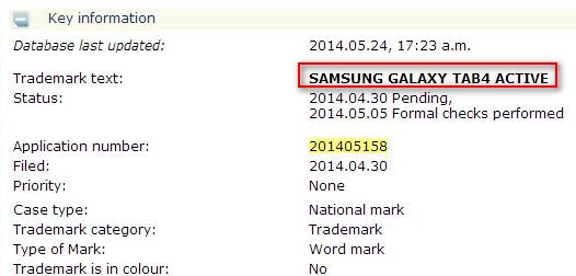 Samsung Galaxy Tab 4 Active. Новая торговая марка для планшета зарегистрирована. Ждем еще одно пыле и водонепроницаемое устройство?