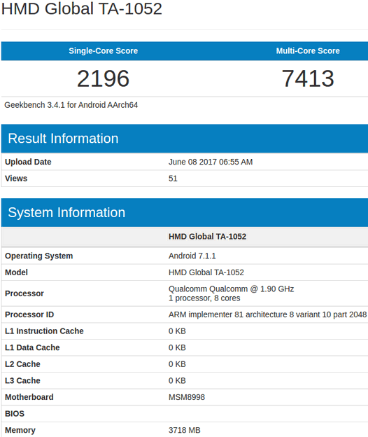 Nokia 9. Технические характеристики смартфона засветились на сайте теста GeekBench 