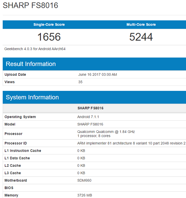 Sharp FS8016. Смартфон на базе процессора Qualcomm Snapdragon 660 засветился в базе данных теста Geekbench