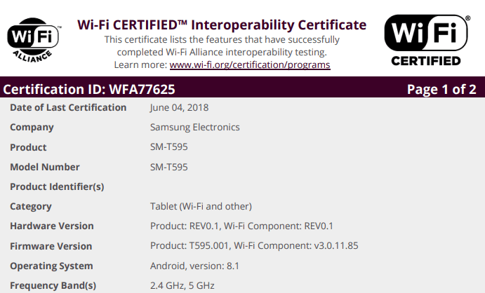 Samsung Galaxy Tab A 10.1 (2018) замечен на сайте WiFi Alliance