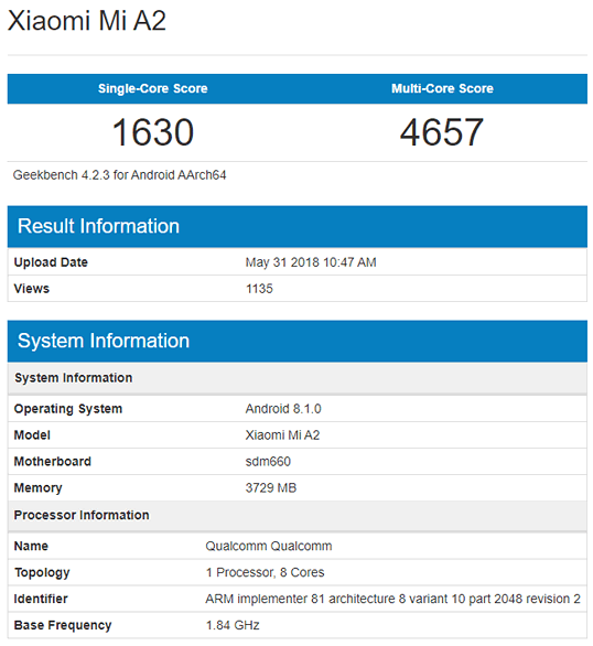Xiaomi Mi A2. Сведения о смартфоне появились на сайте Geekbench