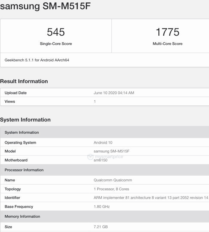 Samsung Galaxy M51 на подходе. Смартфон замечен в Geekbench с процессором Qualcomm и 8 ГБ оперативной памяти на борту