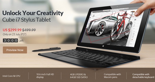 Скидки на планшеты. Купить Десятидюйимовый Windows планшет Cube i7 Stylus с процессором Intel Core M и дигитайзером Wacom на борту за $299