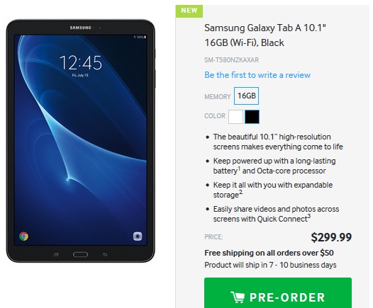Samsung Galaxy Tab A 10.1 (2016) появился в продаже в США, где цена новинки стартует с отметки $299.99