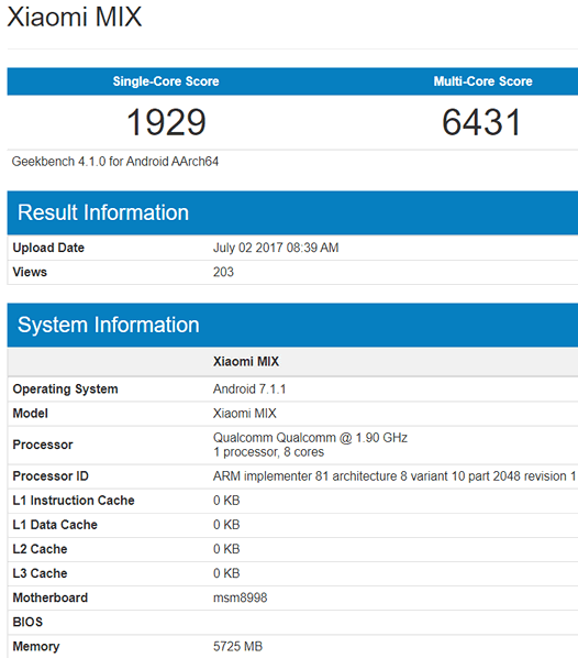 Xiaomi Mi Mix 2. Технические характеристики смартфона засветились на сайте Geekbench