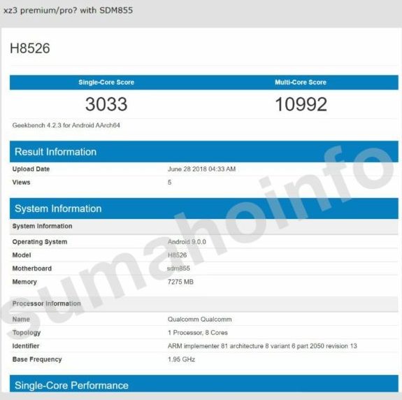 Sony H8526 с процессором Snapdragon 855 засветился на сайте Geekbench. Компания тестирует смартфон Xperia XZ3 Premium?