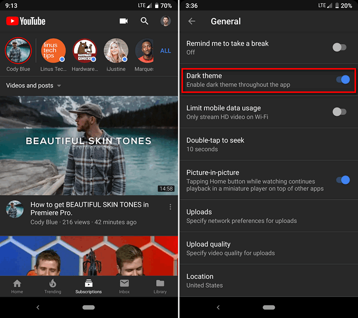 YouTube для Android. Возможность переключения на темную тему начала появляться у некоторых пользователей приложения
