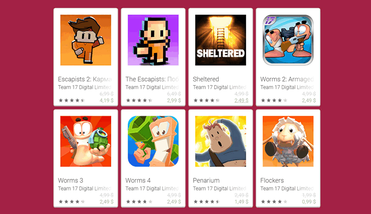 Распродажа Android игр от Team 17: Worms 4, Sheltered, Escapists 2 и пр.