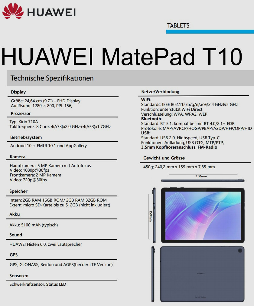 Huawei MatePad T10 и MatePad T10S. Два новых Android планшета готовятся к выпуску (технические характеристики) 