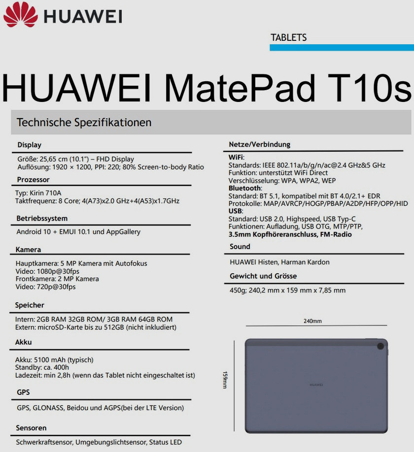 Huawei MatePad T10 и MatePad T10S. Два новых Android планшета готовятся к выпуску (технические характеристики) 
