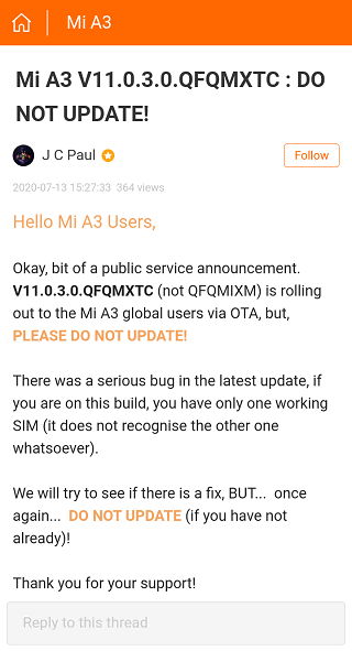 Xiaomi Mi A3 получил обновление, ломающее функционал работы с двумя SIM-картами