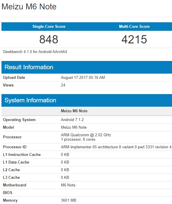 Meizu M6 Note  с процессором Qualcomm Snapdragon 625 засветился в результатах теста Geekbench