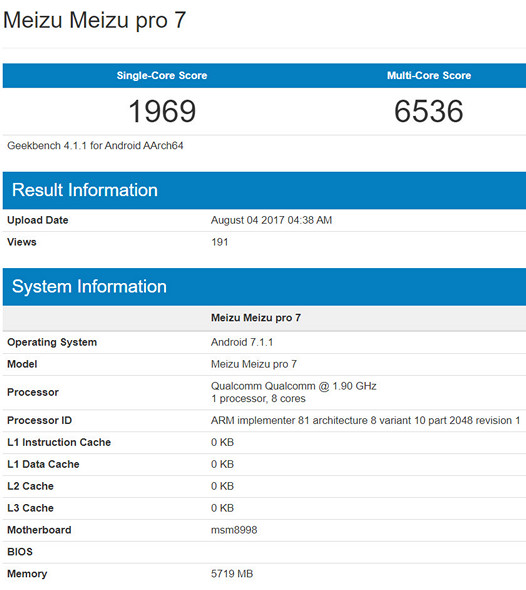 Meizu PRO 7. Более мощная версия смартфона с процессором Snapdragon 835 засветилась в Geekbench