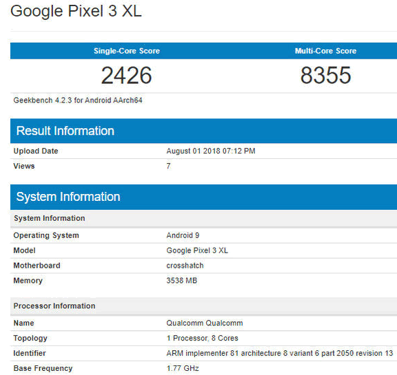 Pixel 3 XL засветил свои основные технические характеристики на сайте GeekBench