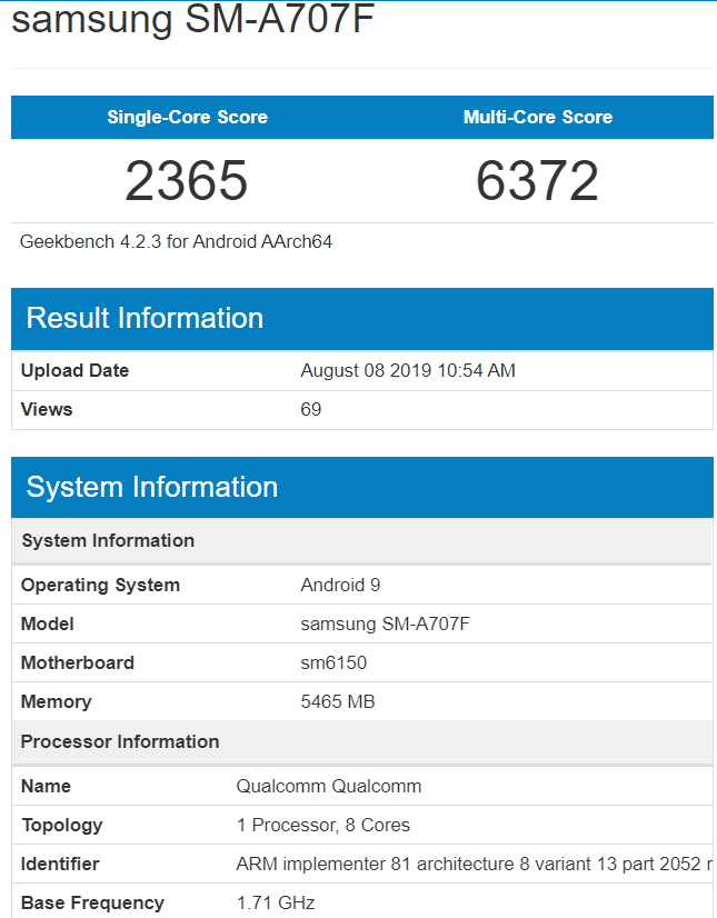 Samsung Galaxy A70s с процессором Snapdragon 675 и 6 ГБ оперативной памяти готовится к выпуску