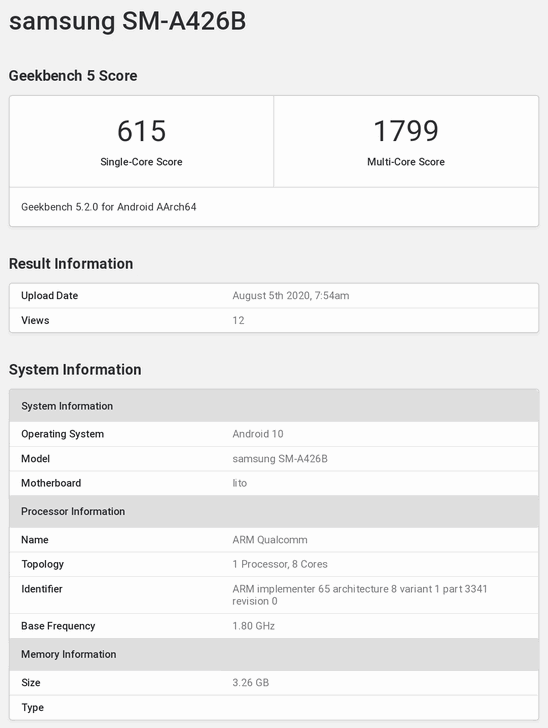 Galaxy A42 5G. Еще один недорогой 5G смартфон Samsung с процессором Qualcomm Snapdragon 765G на борту замечен на сайте Geekbench