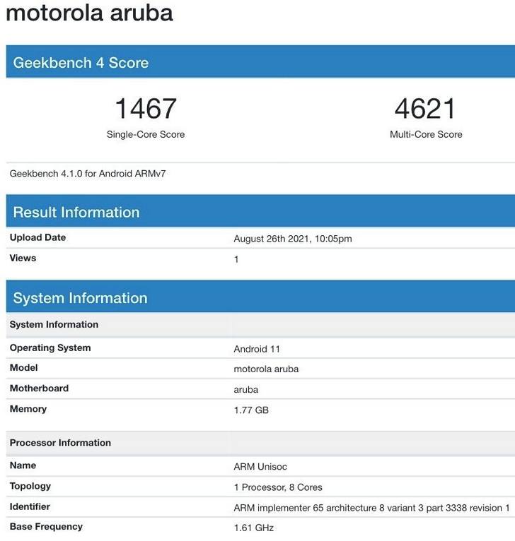 Moto E20 имеющий кодовое наименование Aruba появился в базе данных популярного теста Geekbench. Благодаря этому нам стало известно, что новинка получит восьмиядерный процессор Unisoc с тактовой частотой 1,6 ГГц и графическим ускорителем Mali-G57.   Тестировавшийся в Geekbench образец телефона имел у себя на борту 2 ГБ оперативной памяти и операционную систему Android 11.
