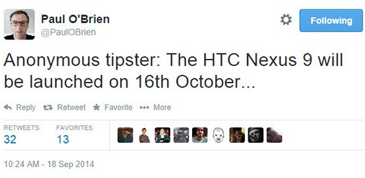 HTC Nexus 9 будет представлен 16 октября этого, 2014 года?