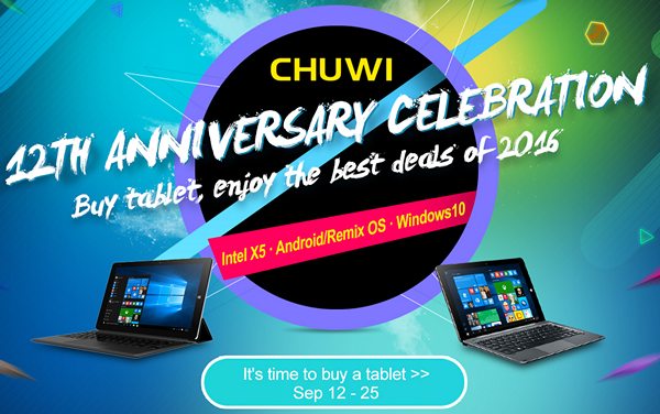 Купить планшеты Chuwi со скидками можно будет в течение следующих двух недель (12- 25 сентября) во время празднования 12-летней годовщины компании