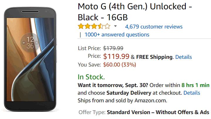 Купить Moto G4 всего лишь за $120 можно на Amazon