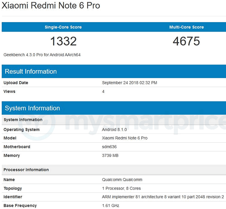 Xiaomi Redmi Note 6 Pro с процессором Qualcomm Snapdragon 636 засветился в Geekbench