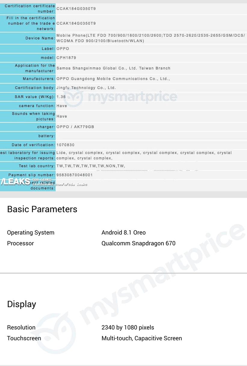 Oppo CPH1879. Cмартфон с процессором Qualcomm Snapdragon 670 готовится к выпуску