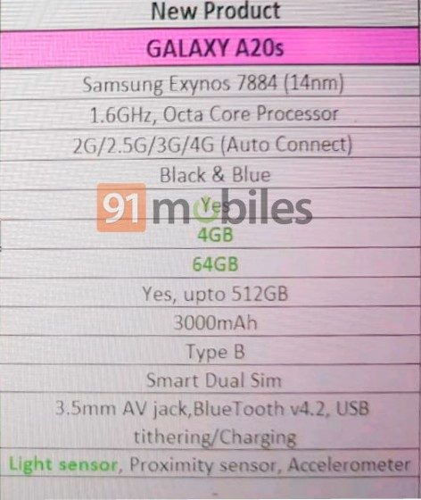 Samsung Galaxy A20s. Смартфон получит процессор Exynos 7884, экран Infinity-V и тройную камеру