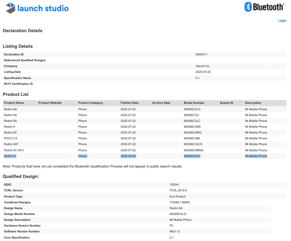 Redmi 9i. Новый представитель популярной линейки недорогих смартфонов прошел сетрификацию Bluetooth  