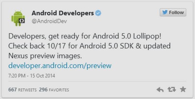 Android 5.0 Lollipop. Предварительная сборка для Nexus 7 и Nexus 5 будет выпущена 17 октября 2014 года