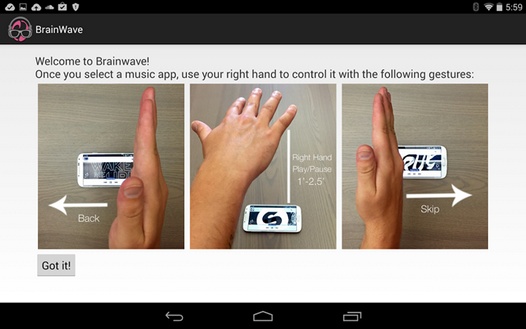 Программы для Android. BrainWave позволяет дистанционно управлять воспроизведением аудио файлов на вашем планшете или смартфоне с помощью жестов