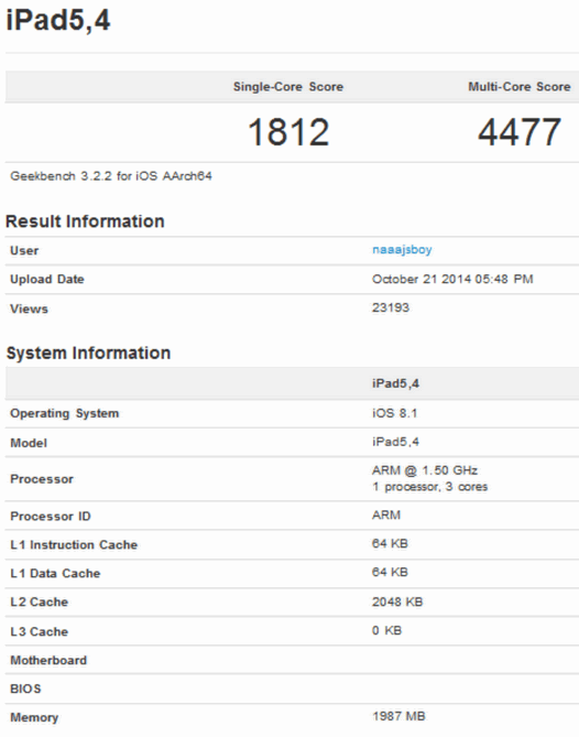 Тесты iPad Air2 в GeekBench: трехъдерный процессор с рабочей частотой 1.5 ГГц и 2 ГБ оперативной памяти