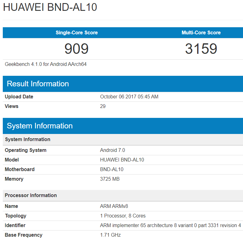 Honor 7X. Будущий смартфон Huawei замечен на сайте Geekbench с процессором Kirin 659 и 4 ГБ оперативной памяти на борту