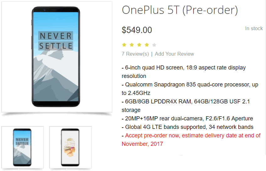 OnePlus 5T. Цена и технические характеристики будущего смартфона засветились в Сети