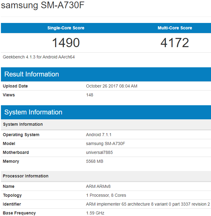 Samsung Galaxy A7 (2018) засветил в GeekBench свои характеристики, которые включают в себя новый процессор: Exynos 7885