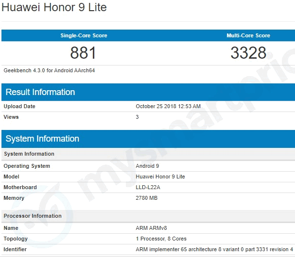 Honor 9 Lite с операционной системой Android 9.0 Pie на борту замечен в Geekbench