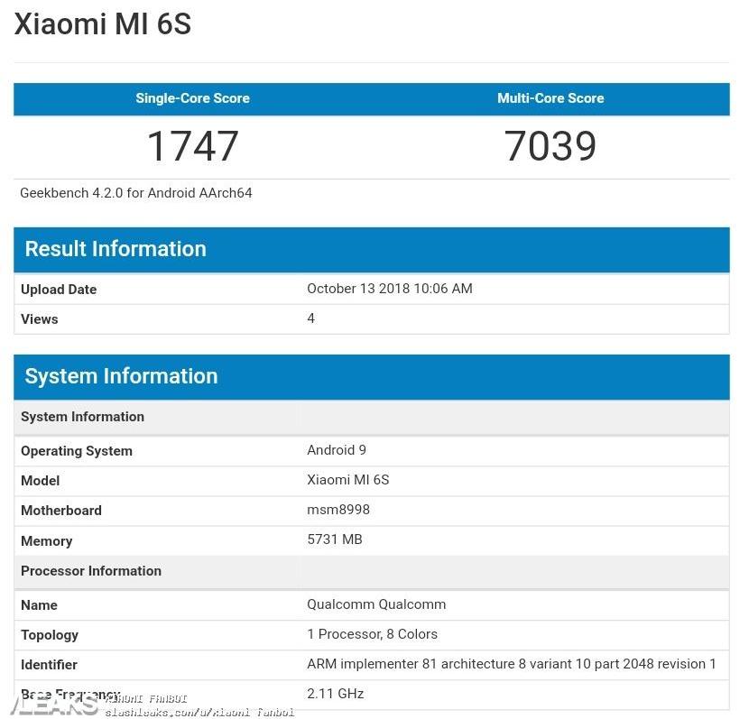 Xiaomi Mi 6S получит процессор Qualcomm Snapdragon 835 и операционную систему Android 9