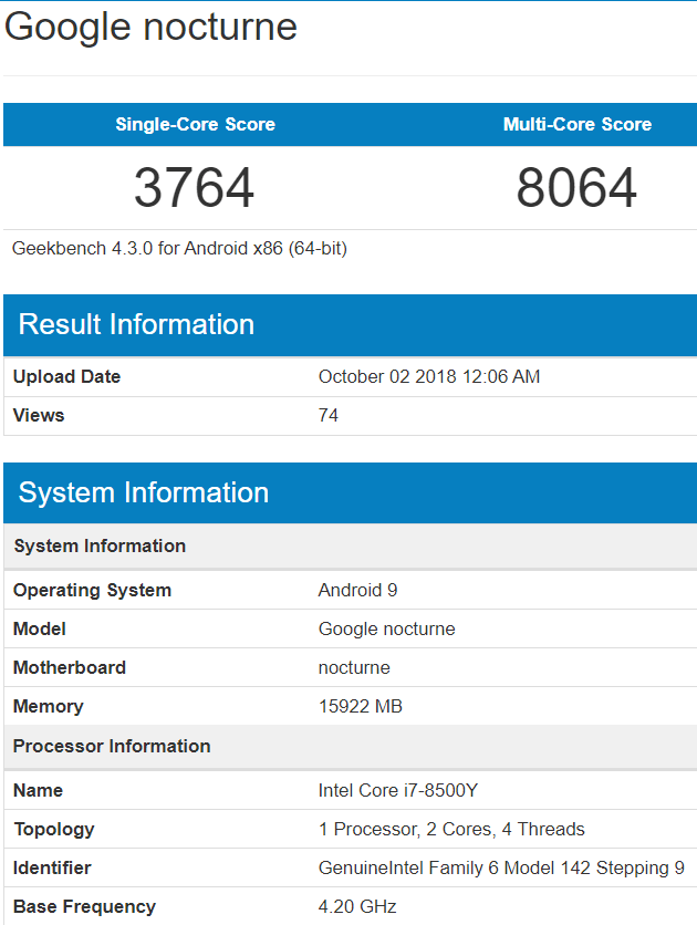 Конвертируемый в ноутбук планшет-трансформер Google Pixel Slate засветился на сайте Geekbench