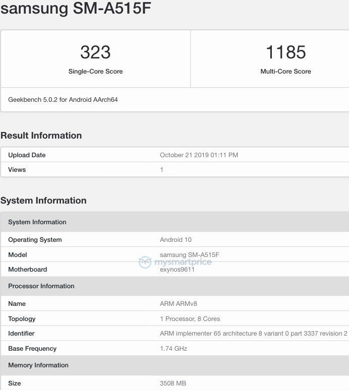 Samsung Galaxy A51. Будущий смартфон засветил свою начинку на сайте Geekbench