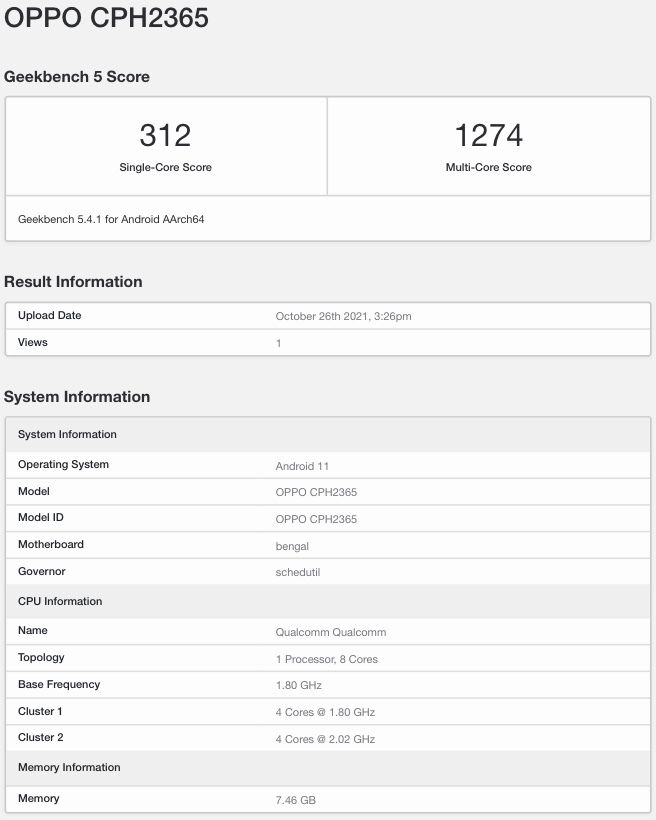 OPPO A95 4G засветил свои основные технические характеристики на сайте Geekbench